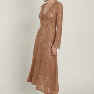 NWT SABINA MUSAYEV Sarai Dress Long Sleeve Sequin Dress Pecan Brown S